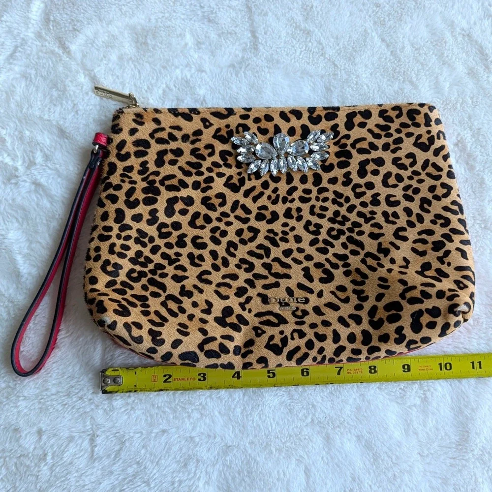 Dune London Leopard Print Calf Hair Crystal Wristlet Clutch Bag Red Accent